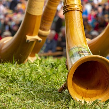 Three woodwind instruments lie on the grass. In the background, many people can be seen enjoying a celebration. | © Kleinwalsertal Tourismus | Frank Drechsel