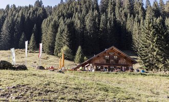 Eine rustikale Hütte inmitten von grünen Wiesen und dichten Nadelbäumen. Der Himmel ist klar und die Umgebung wirkt einladend und friedlich. | © Kleinwalsertal Tourismus | Bastian Morell