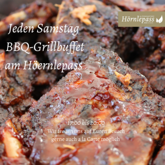 © Alpengasthof Hörnlepass GmbH Delicious BBQ grill buffet served every Saturday at Hörnlepass. Enjoy tasty grilled dishes in a sociable atmosphere from 5:00 PM to 8:00 PM. | © Alpengasthof Hörnlepass GmbH