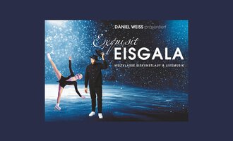 A figure skating gala with a dancer on the ice and a musician in elegant clothing. In the background, a sparkling ice surface and a colorful, glowing sky can be seen. | © Eisgala Entertainment e.K. | Jochen Günther