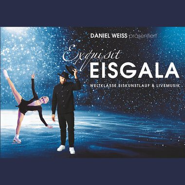 A figure skating gala with a dancer on the ice and a musician in elegant clothing. In the background, a sparkling ice surface and a colorful, glowing sky can be seen. | © Eisgala Entertainment e.K. | Jochen Günther