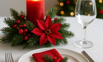 © KI generiert Kleinwalsertal Tourismus A festively set table with a red candle and a Christmas star. The decoration is surrounded by pine branches and berries. | © KI generiert Kleinwalsertal Tourismus