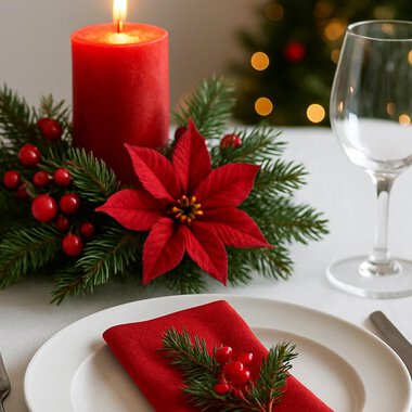 © KI generiert Kleinwalsertal Tourismus A festively set table with a red candle and a Christmas star. The decoration is surrounded by pine branches and berries. | © KI generiert Kleinwalsertal Tourismus