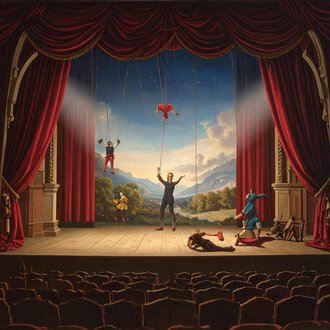 A colorful picture of a unicorn wearing glasses in a fantastical environment. The text "Children's Theater Live" is visible on it. | © Puppentheater KI-generiert