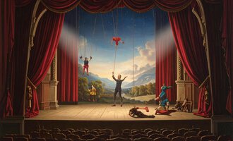 A colorful picture of a unicorn wearing glasses in a fantastical environment. The text "Children's Theater Live" is visible on it. | © Puppentheater KI-generiert