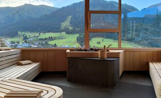 Ein modernes Wellness-Spa mit Holzbänken und einem schönen Blick auf die Berge. Große Fenster bieten viel Tageslicht und eine entspannende Aussicht auf die Natur. | © Hotel Erlebach GmbH