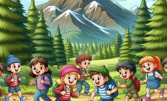 A group of cheerful children is hiking on a path through a forest. In the background, tall mountains and a clear blue sky are visible. | © Breitachklammverein eG | Dominik Berchtold