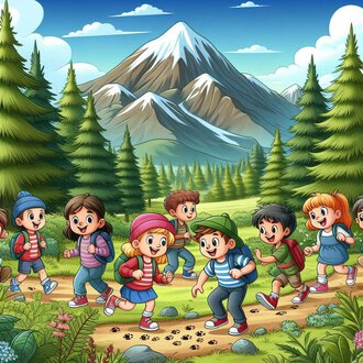 © Breitachklammverein eG | Dominik Berchtold A group of happy children is hiking on a path through a forest. In the background, high mountains and a clear sky can be seen. | © Breitachklammverein eG | Dominik Berchtold