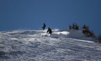 Two skiers are going down a snow-covered slope. The sky is clear and blue. | © Markus Hoefler