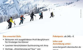 A poster for the VAUDE Ski Touring Camp, taking place from January 9th to 11th, 2026, in Hirschegg/Kleinwalsertal. It features a group of ski tourers in a snow-covered mountain landscape. | © Vaude Skitouren Camp 2026 Flyer