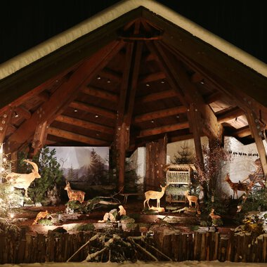 Eine festliche Kulisse mit einer Holzkonstruktion und beleuchteten Tieren. Im Hintergrund sind Weihnachtsbäume und eine winterliche Landschaft zu sehen. | © Kleinwalsertal Tourismus | Frank Drechsel