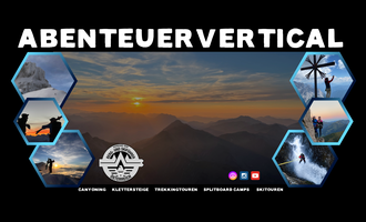Das Bild zeigt eine Abenteuerreise mit verschiedenen Aktivitäten in der Natur, darunter Canyon-ing und Klettersteige. Die atemberaubende Landschaft wird von einem wunderschönen Sonnenuntergang begleitet.