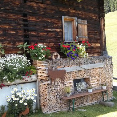 Ein traditionelles Holzhaus mit bunten Blumen und Holzstapel. Der Ort strahlt ländliche Gemütlichkeit und Naturverbundenheit aus. | © Kleinwalsertal Tourismus | N. Lughammer