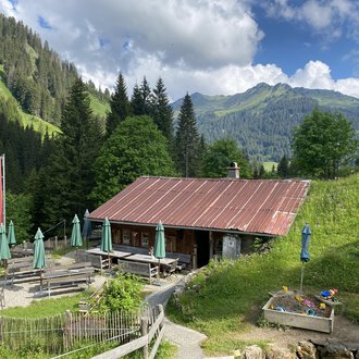 Eine gemütliche Berghütte mit rotem Dach und grünen Sonnenschirmen. Im Hintergrund sind grüne Hügel und Berge unter einem klaren Himmel zu sehen. | © Alpe Widderstein | Tom Egger