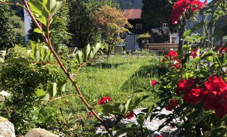 Ein schöner Garten mit bunten Blumen und frischem Grün. Im Hintergrund sind Bäume und ein Haus mit Bergen zu sehen. | © Kleinwalsertal Tourismus | Louisa Hieke
