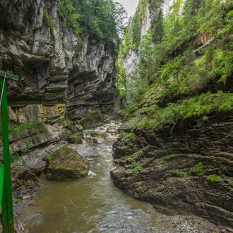 An impressive gorge with steep rock walls and a flowing watercourse. Lush greenery surrounds the river, creating a tranquil atmosphere. | © Kleinwalsertal Tourismus |  Steffen Berschin