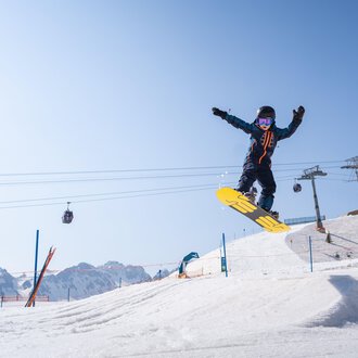 Ein Snowboarder springt über einen Schneehügel vor einer klaren Berglandschaft. Im Hintergrund sind Seilbahnen und weitere Skifahrer zu sehen. | © OBERSTDORF · KLEINWALSERTAL BERGBAHNEN