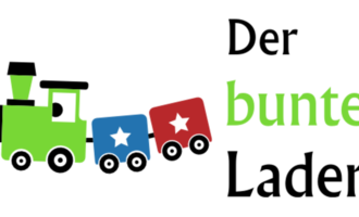 A colorful toy train design in red, blue, and green. The inscription "bunte" playfully complements the image.