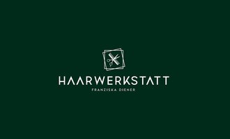 A logo for a hair salon named "Haarwerkstatt". It features scissors and combs on a green background. | © Friseur Haarwerkstatt | Franziska Diener Logo