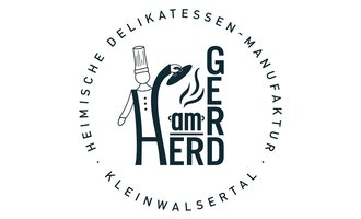 A stylized logo featuring a chef and the text "GEr am HERD". It represents a delicatessen manufacturing company in Kleinwalsertal. | © Gerd am Herd | Gerd Hammerer Logo
