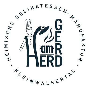 A stylized logo featuring a chef and the text "GEr am HERD". It represents a delicatessen manufacturing company in Kleinwalsertal. | © Gerd am Herd | Gerd Hammerer Logo
