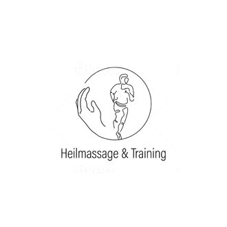 Ein minimalistisches Logo, das eine Hand und eine laufende Figur zeigt. Der Text darunter lautet "Heilmassage & Training". | © Florian Nyer Logo