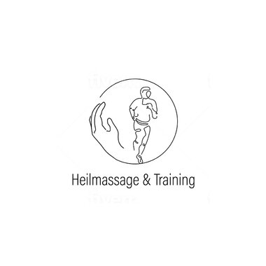Ein minimalistisches Logo, das eine Hand und eine laufende Figur zeigt. Der Text darunter lautet "Heilmassage & Training". | © Florian Nyer Logo