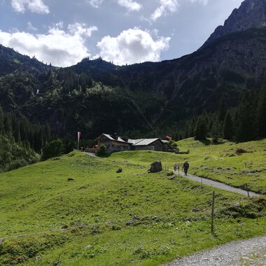 Eine malerische Landschaft mit einem grünen Tal und Bergen im Hintergrund. Im Vordergrund geht ein Wanderweg entlang einer Alm. | © Kleinwalsertal Tourismus | N. Lughammer