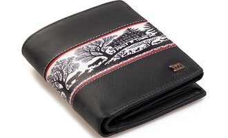 An elegant black wallet with a decorative pattern in white and red. The design features scenes from nature and is stylishly crafted.