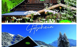 A wooden house in beautiful mountainous scenery, surrounded by flowers in the upper part and snow in the lower part. The image depicts the seasons of spring and winter with the caption "Voucher".