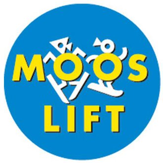 A round logo with the text "MOOS LIFT" in yellow letters on a blue background. Various stylized figures are also depicted.