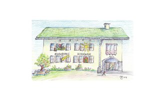 A colorful, hand-drawn building named "Kinderhaus Hirschegg". Surrounded by garden landscapes and cheerful details that create an inviting atmosphere. | © Gemeinde Mittelberg