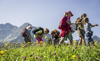A group of children explores a blooming meadow in the mountains. They collect flowers and enjoy nature on a sunny day. | © Kleinwalsertal Tourismus | Oliver Farys