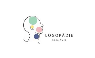 Ein minimalistisches Logo mit dem Wort "LOGOPÄDIE" und dem Namen "Lena Nyer". Es zeigt eine stilisierte Profilansicht eines Kopfes mit bunten Kreisen. | © Logopädie Lena Nyer Logo