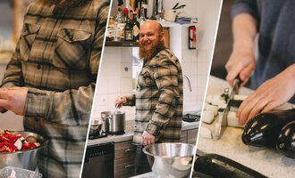 A man is preparing ingredients and cooking in a modern kitchen. On the countertop, you can see fresh vegetables and cooking utensils. | © Mahdtalhaus | Thomas Dielmann