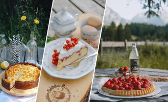 An image with three delicious cakes, including a cheesecake, a cream cake with red currants, and a fruit cake with strawberries. In the background, a beautiful landscape and some natural elements are visible. | © Mahdtalhaus | Thomas Dielmann