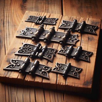 Eine Sammlung von dekorativen Scharnieren auf einem rustikalen Holzbrett. Die Scharniere sind in verschiedenen Größen und Designvarianten angeordnet. | © KI erstellt