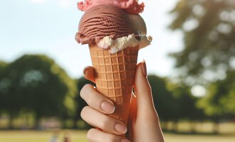 An ice cream cone with three scoops is being held by a hand. In the background, there are trees and a sunny meadow. | © KI erstellt