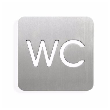 A silver sign with the inscription "WC". It indicates that it is a restroom.