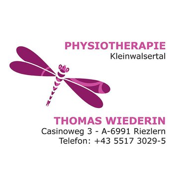 Ein Logo für eine Physiotherapie-Praxis mit dem Namen "Thomas Wiederin". Das Design zeigt eine Libelle und beinhaltet Kontaktdaten und die Adresse. | © Thomas Wiederin Logo