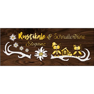 Eine kreative Grafik mit dem Text "Rustikale & Schnullertrine" in eleganter Schrift. Darunter sind stilisierte Eulen und Blumen auf einem holzähnlichen Hintergrund abgebildet. | © Rustikale Eleganz Logo