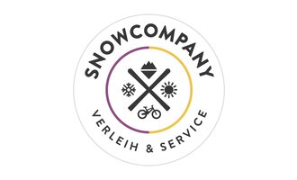 A round logo with the name "SNOWCOMPANY". It features symbols for skiing, sunshine, and bicycles, as well as the addition "Rental & Service".