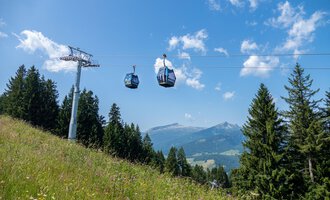 Eine Seilbahn schwebt über eine grüne Wiese mit Bäumen im Hintergrund. Der Himmel ist blau mit einigen weißen Wolken. | © OBERSTDORF · KLEINWALSERTAL BERGBAHNEN
