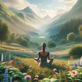 A woman sits in the grass and meditates in a picturesque mountain landscape. Behind her, green valleys and majestic mountains stretch out under a clear sky. | © Achtsamkeit Bild KI erstellt