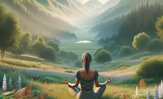 A woman sits in the grass and meditates in a picturesque mountain landscape. Behind her, green valleys and majestic mountains stretch out under a clear sky. | © Achtsamkeit Bild KI erstellt