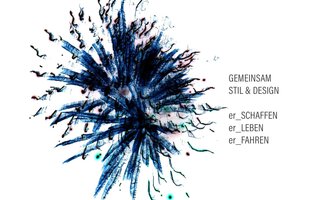 An abstract artwork in shades of blue and black. Text in German describes creativity and collaboration.